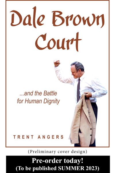Dale Brown Court book cover, Dale Brown holding his jacket in one hand and holding up his other hand in a fist like he just won