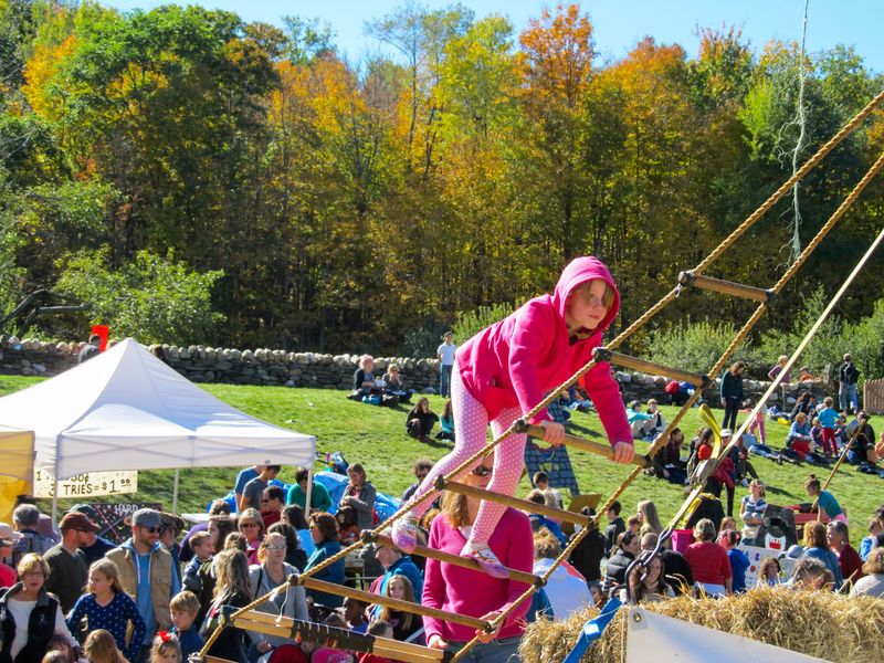 Girl dressed in pink climbing a rope ladder