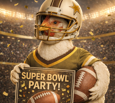 chicken in football attire at the super bowl