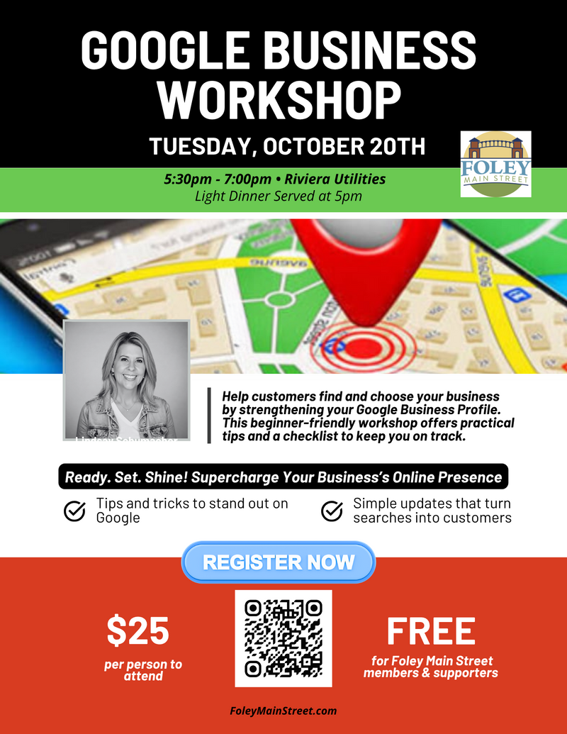 2026 Google Business Workshop Flyer Foley Main Street.