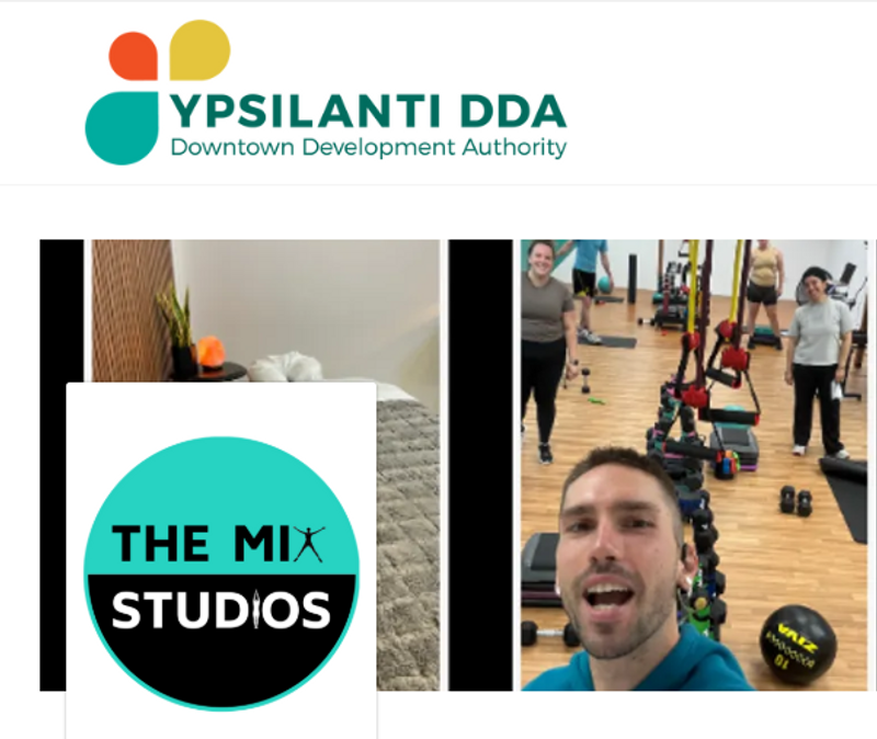 Screenshot of the DDA logo along with the Mix Fitness Studio logo and their business banner photos of people working out