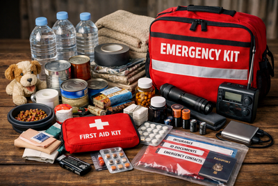 A photograph of an Emergency Kit to include: water, First Aid Kit, flashlight, non-perishable food, medications and medical supplies, etc.