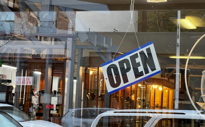 "Open" sign in business window, Port Angeles, Clallam County, WA