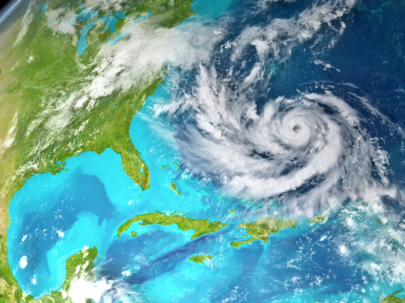 A photograph of a hurricane just off the east coast of the United States near the North Carolina shoreline