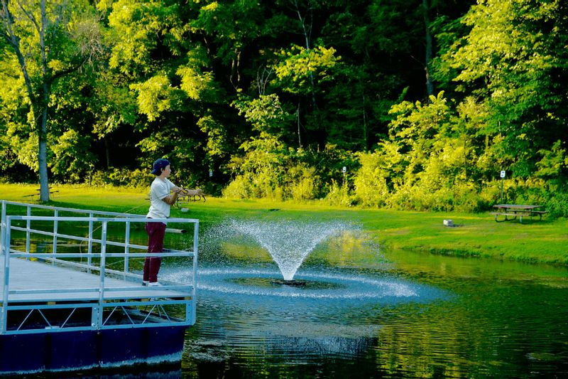 A boy fishes from a dock at the Sylvan Park pond in Lanesboro, with a fountain spraying water and lush green trees surrounding the park on a summer day.