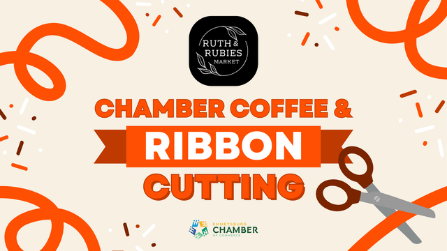 Graphic with Ruth & Rubies Market logo and text reading Chamber Coffee & Ribbon Cutting