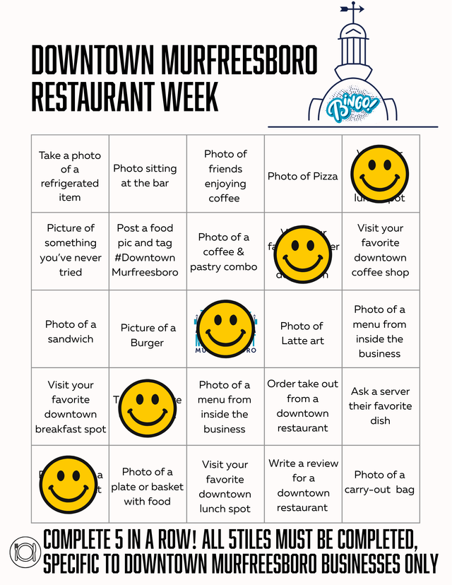 Downtown Restaurant Week Bingo Card
