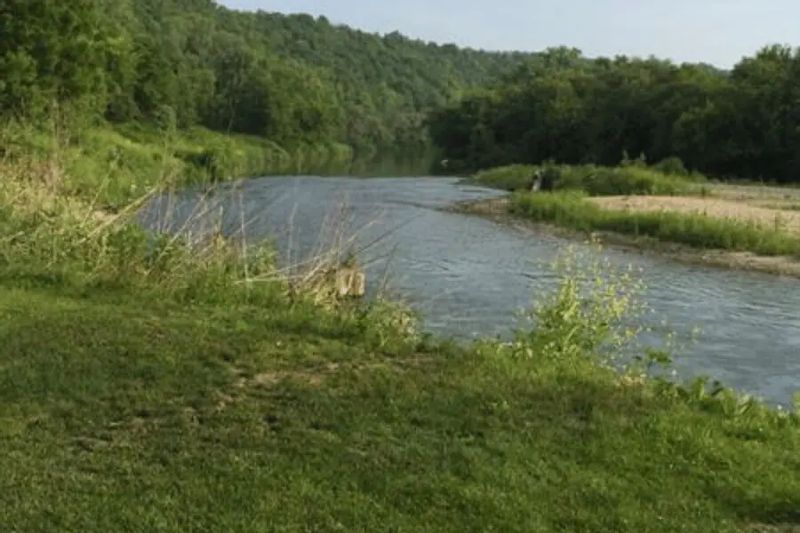 The Root River winds through a peaceful, grassy riverbank surrounded by wooded bluffs near Eagle Cliff Campground in the Lanesboro area, offering a scenic spot for outdoor relaxation.