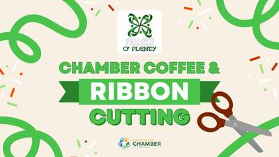 Graphic with festive squiggles, Pallets O' Plenty logo, and text reading Chamber Coffee and Ribbon Cutting