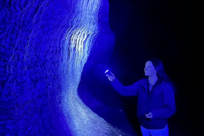 A visitor shines a blacklight on glowing mineral formations inside Niagara Cave, revealing bright blue textures and patterns along the cave wall during an underground tour.
