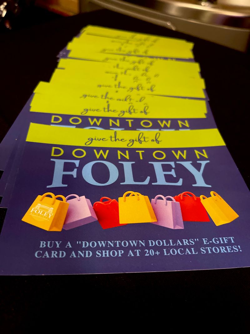 Postcards promoting the Downtown Foley E-gift cards 