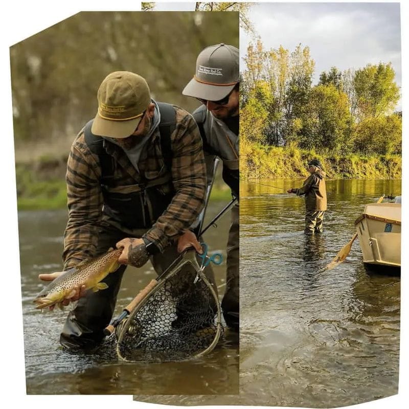 Anglers fly fishing on the Root River near Lanesboro, Minnesota, landing a trout and wading in a calm river