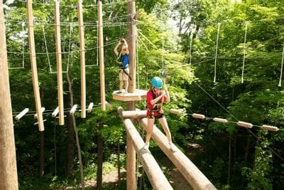Two participants navigate the high ropes course at Eagle Bluff Environmental Learning Center, wearing helmets and safety harnesses while balancing on elevated obstacles among the trees.