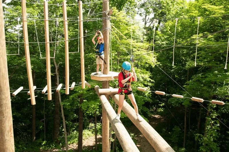 Two participants navigate the high ropes course at Eagle Bluff Environmental Learning Center, wearing helmets and safety harnesses while balancing on elevated obstacles among the trees.