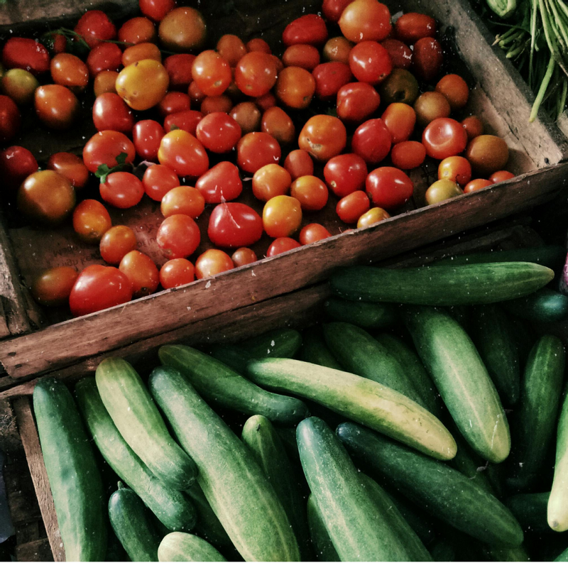 Baskets of tomatoes and cucumbers