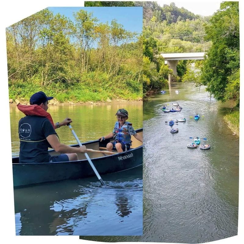 Families canoeing and tubing on the Root River near Lanesboro, Minnesota, surrounded by wooded riverbanks