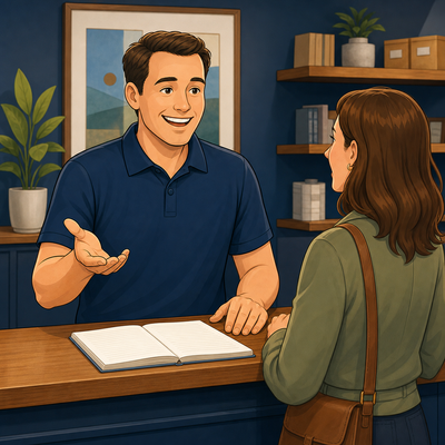 A business owner answering a customer’s question during an in-person conversation.
