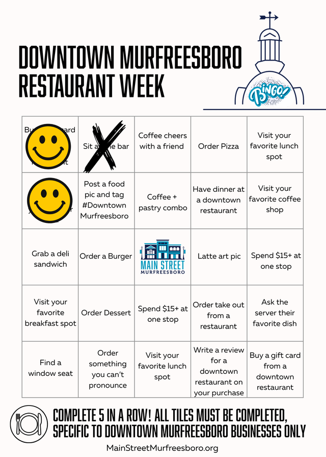 Restaurant Week bingo card