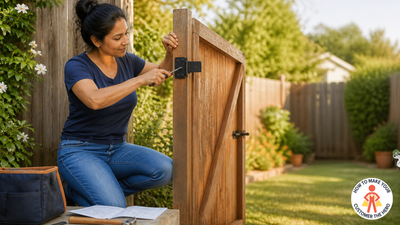 A customer confidently installs a new hinge while completing her backyard gate repair.