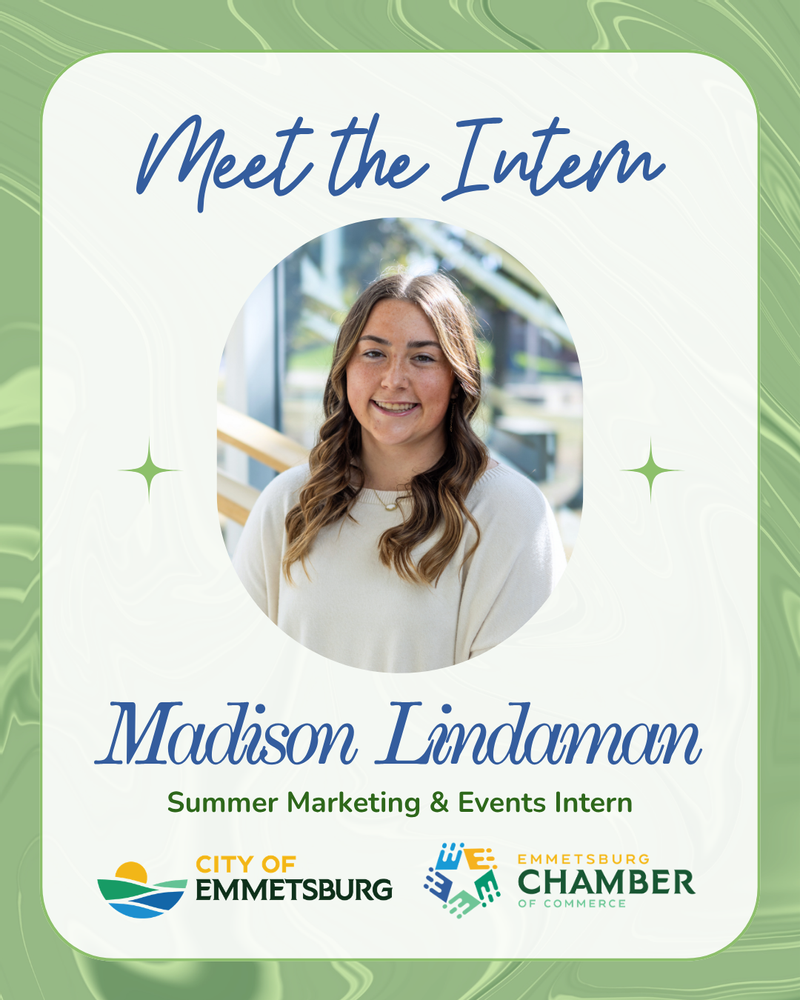 Flyer with a picture of Madison Lindaman, City of Emmetsburg and Emmetsburg Chamber of Commerces summer Marketing and Events Intern