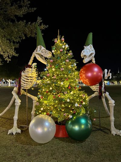 Tuscaloosa Christmas tree display, with dinosaurs, at the Tinsel Trail event