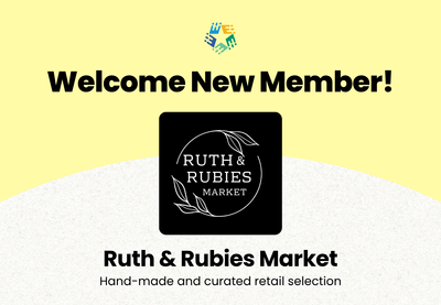 Graphic with Ruth & Rubies Market logo and text saying "Welcome New Member! Ruth & Rubies Market: hand-made and curated retail selection"