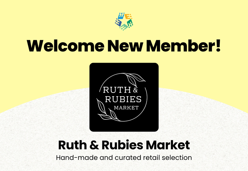 Graphic with Ruth & Rubies Market logo and text saying "Welcome New Member! Ruth & Rubies Market: hand-made and curated retail selection"