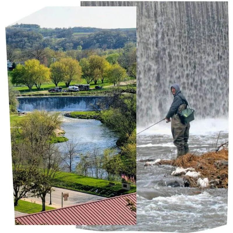 Split image showing the Lanesboro Dam and Root River from above in spring, alongside an angler fly-fishing below the dam as water cascades behind him.