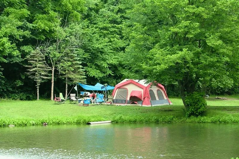 Riverside camping scene at Sylvan Campground in Lanesboro surrounded by trees and green grass.