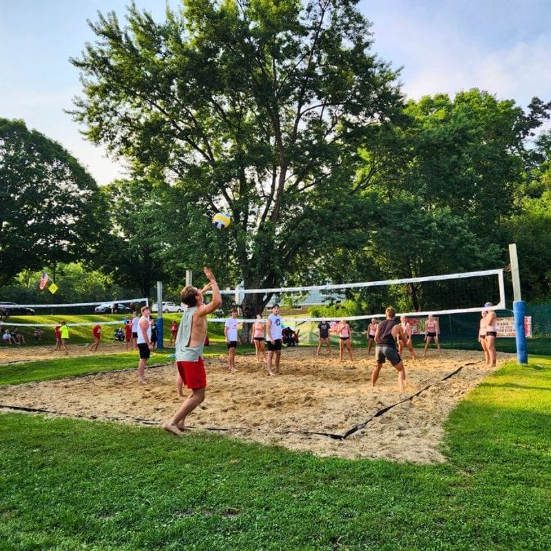A group of people playing volleyball at Lanesboro's Sylvan Park
