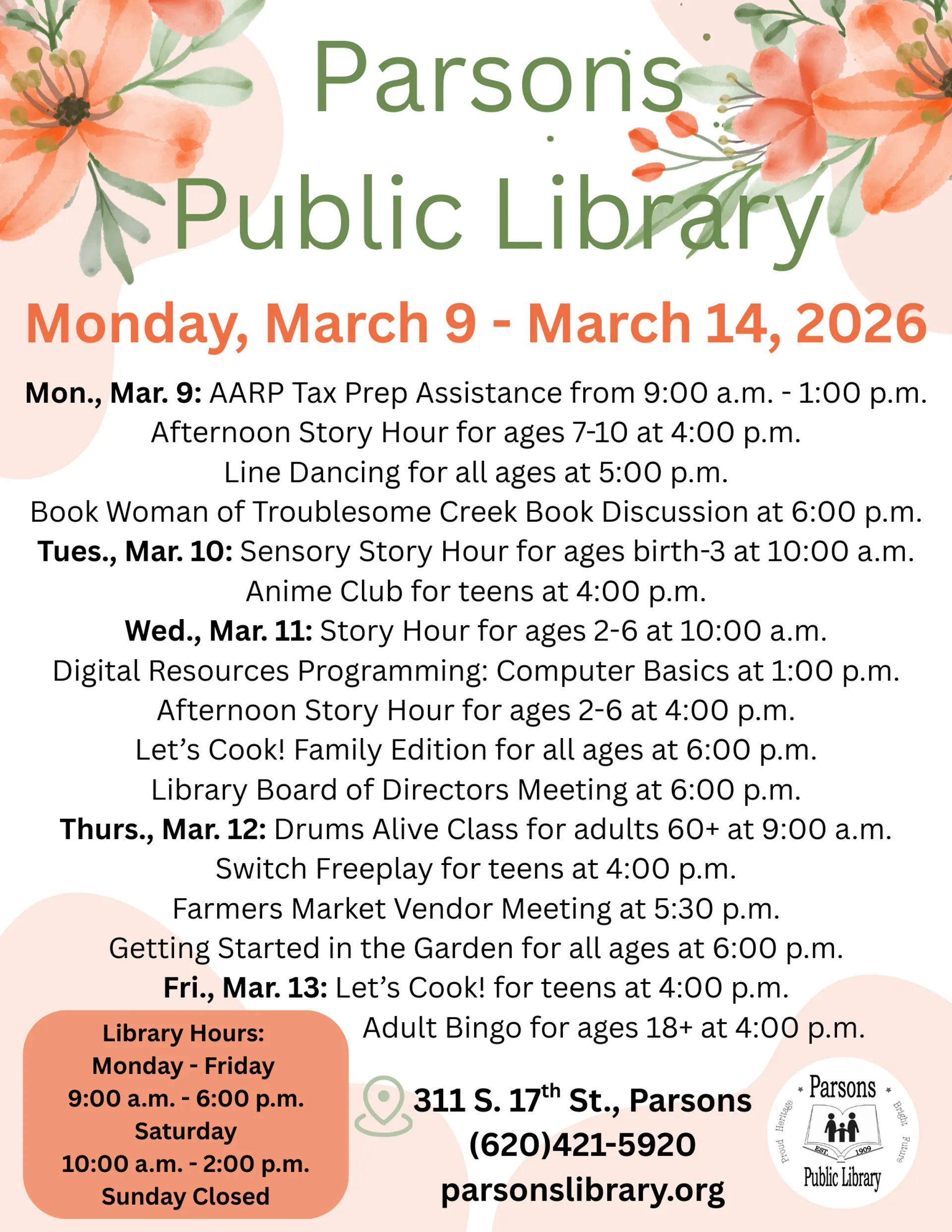 Parsons Library Announces Schedule for March 9-14
