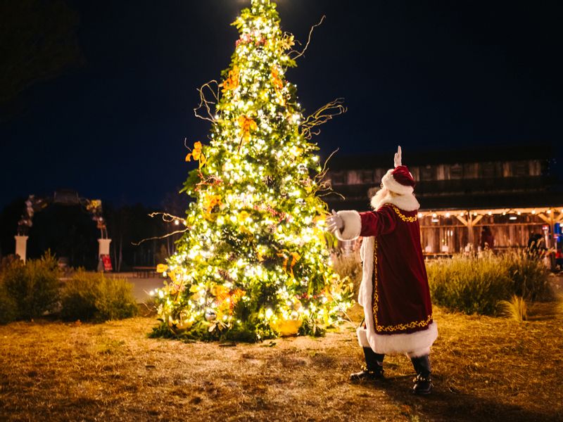 Santa standing in front of Christmas tree at the Orion Amp in Huntsville