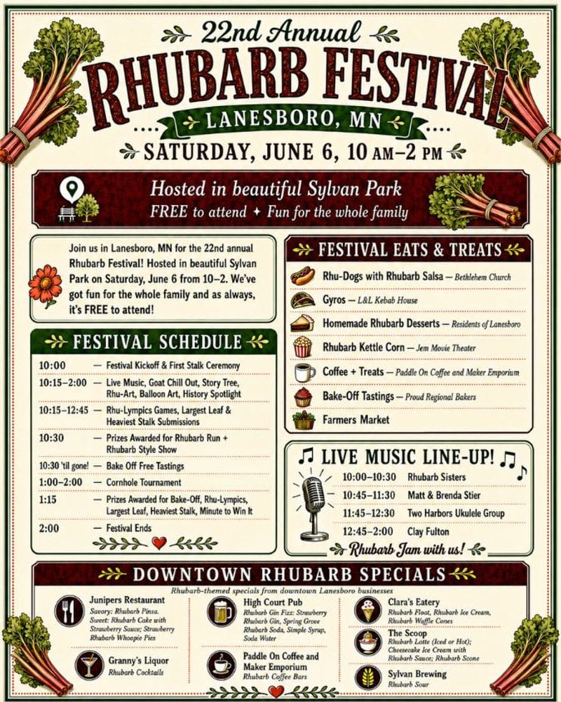 A vertical vintage-style event flyer for the 22nd Annual Rhubarb Festival in Lanesboro, Minnesota. The flyer has a cream-colored background with green and red accents, decorative borders, and illustrated rhubarb stalks and leaves in the corners. Large bold lettering at the top reads “Rhubarb Festival,” with “Lanesboro, MN” on a green ribbon beneath it. The date and time are listed as Saturday, June 6, 10 AM–2 PM.  A red banner below the title says the festival is hosted in beautiful Sylvan Park, is free to attend, and offers fun for the whole family. The flyer includes a short welcome message inviting people to Lanesboro for the 22nd annual Rhubarb Festival.  The main body is divided into several organized sections. A Festival Schedule section lists activities throughout the day, including the Festival Kickoff and First Stalk Ceremony at 10:00, live music, Goat Chill Out, Story Tree, Rhu-Art, Balloon Art, History Spotlight, Rhu-Lympics games, Largest Leaf and Heaviest Stalk submissions, Rhubarb Run and Rhubarb Style Show prizes, Bake Off free tastings, Cornhole Tournament, and festival-ending activities at 2:00.  A Festival Eats & Treats section lists food and drink offerings including Rhu-Dogs with Rhubarb Salsa from Bethlehem Church, gyros from L&L Kebab House, homemade rhubarb desserts from residents of Lanesboro, rhubarb kettle corn from Jem Movie Theater, coffee and treats from Paddle On Coffee and Maker Emporium, Bake-Off tastings from regional bakers, and Farmers Market.  A Live Music Line-Up section shows performance times for Rhubarb Sisters, Matt & Brenda Stier, Two Harbors Ukulele Group, and Clay Fulton, with the phrase “Rhubarb Jam with us!” below.  A large bottom section titled Downtown Rhubarb Specials lists rhubarb-themed specials from downtown Lanesboro businesses, including Junipers Restaurant, High Court Pub, Clara’s Eatery, Granny’s Liquor, Paddle On Coffee and Maker Emporium, The Scoop, and Sylvan Brewing. The flyer uses small themed icons for food, drinks, music, and festival activities throughout.