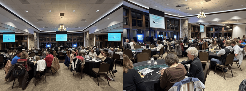 Photos of ballroom with crowd of attendees at Chamber Annual Celebration