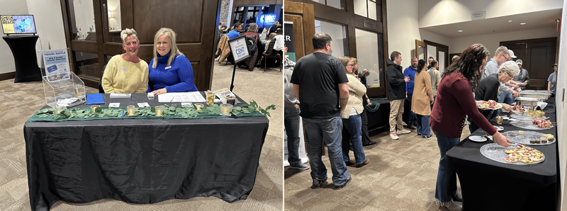 Photos of Shayla and Traci at registration table and photo of food buffet line