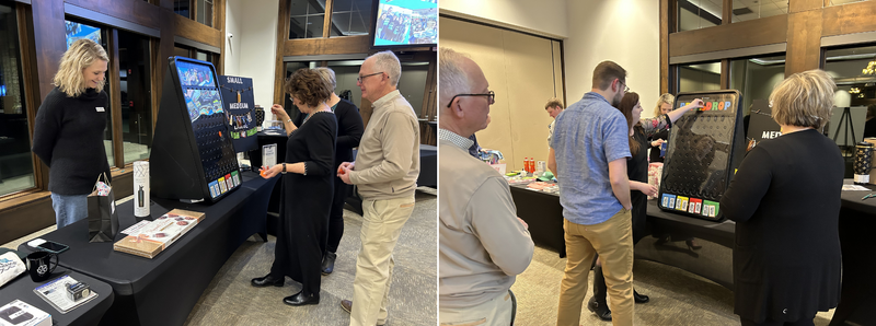 Photos of attendees playing plinko game