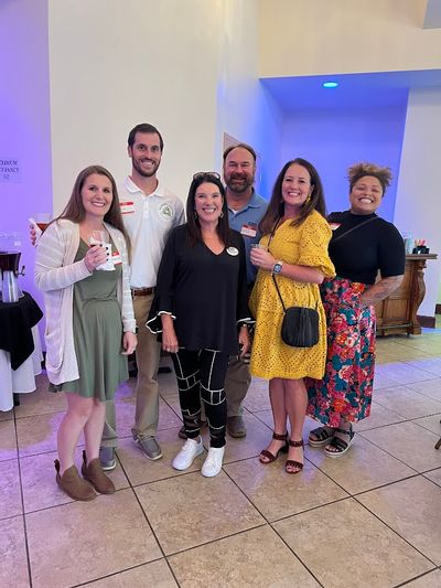 Alexa and Tim Lipe, owners of soon to be downtown brewery Blessed Kettle, with Foley Main Street Vice President Diane Martino, Exit Realty Lanmark, Wes Abrams with Riviera Utilities, Jenny Carr with Exit Realty Landmark and Dana Foster, member of the Foley Main Street Economic Vitality Committee.