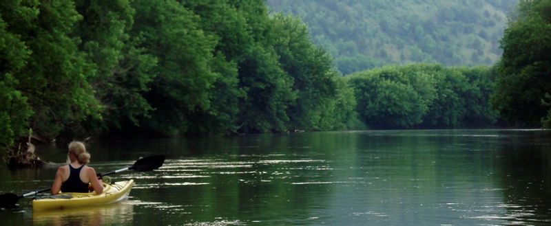 A woman kayaking on the Root River in Rushford, MN