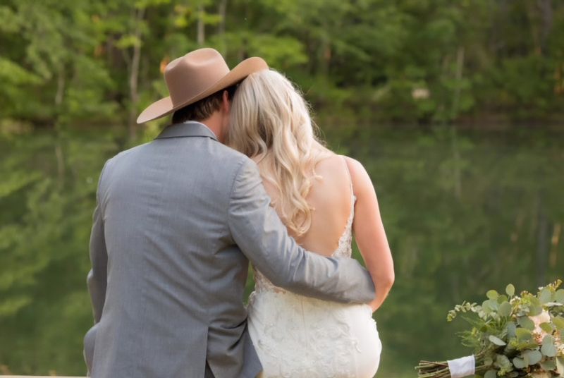 Bride and groom with backs to the camera overlooking a lake
