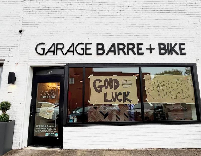 Good luck Jordan sign at Garage Barre & Bike