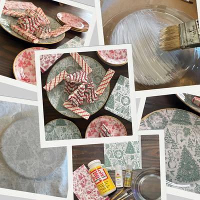 Christmas craft with Christmas printed napkins and clear glass plates