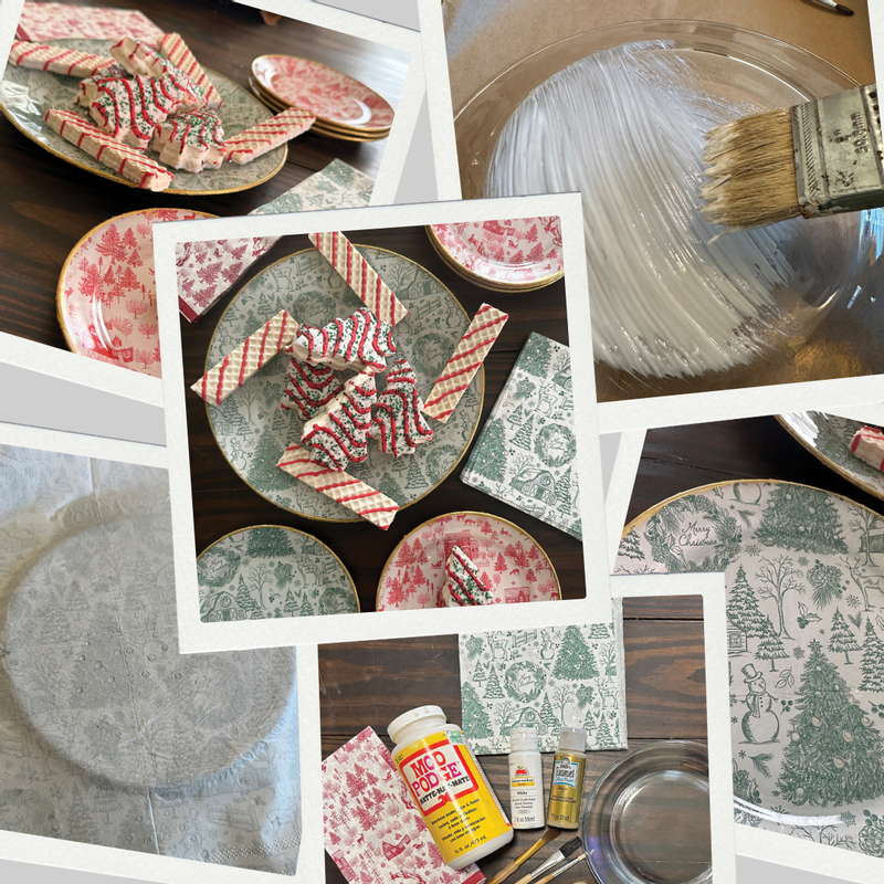 Christmas craft with Christmas printed napkins and clear glass plates