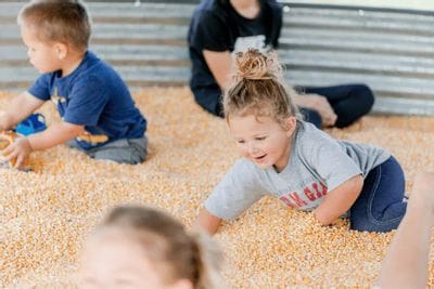 Young children play and crawl in a corn pit at Big Springs Farm during a family-friendly farm visit.
