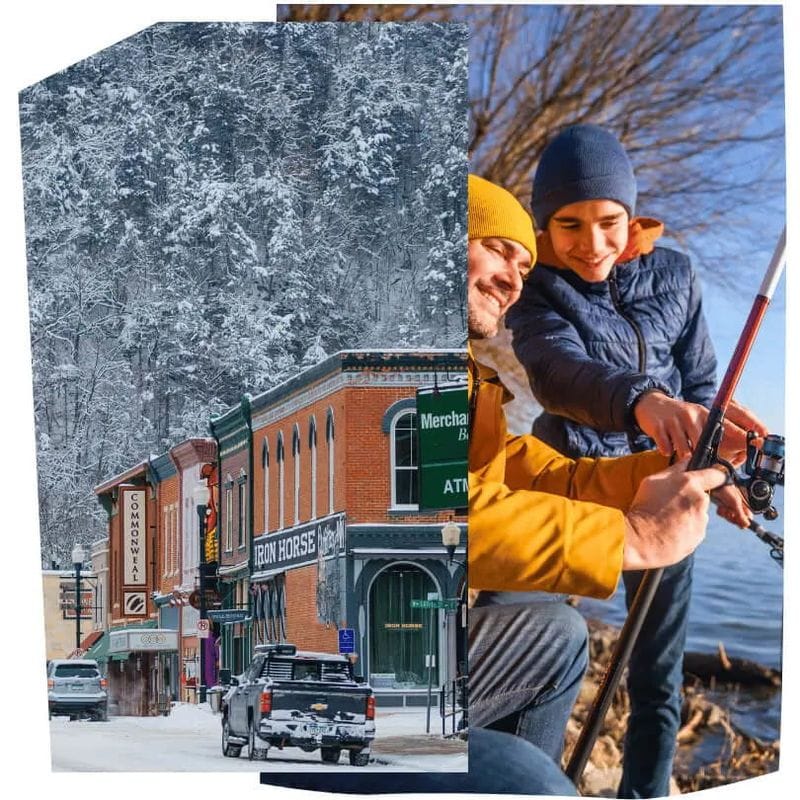 Winter scenes in Lanesboro, Minnesota, including a snowy downtown street and cold-weather fishing along the river.