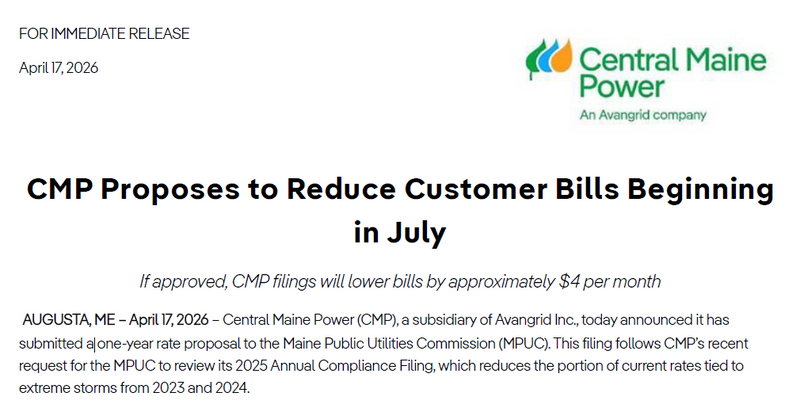 CMP Proposes to Reduce Customer Bills Beginning in July