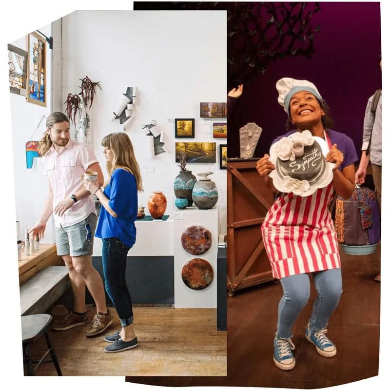 Visitors explore a local art gallery while viewing pottery and artwork, alongside a performer on stage holding a prop cake during a lively theater performance in Lanesboro.
