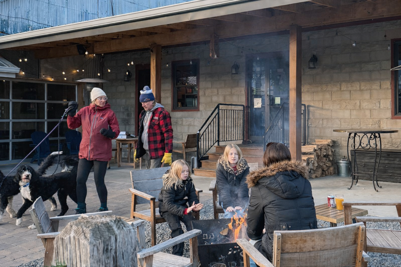 Outdoor patio scene at a stone building with string lights overhead, where a family gathers around a square metal fire pit on a chilly day. Two girls in black winter coats warm their hands by the flames while a woman in a fur-trimmed parka sits facing them. In the background, a man in a red-and-black plaid jacket and knit hat stands near the steps, and a woman in a red jacket walks two black-and-white dogs across the paved courtyard. Wooden chairs circle the fire, with stacked firewood and patio heaters visible behind them.