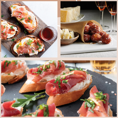 Display of bite sized appetizers. Including bread, cheeses, and deli meat