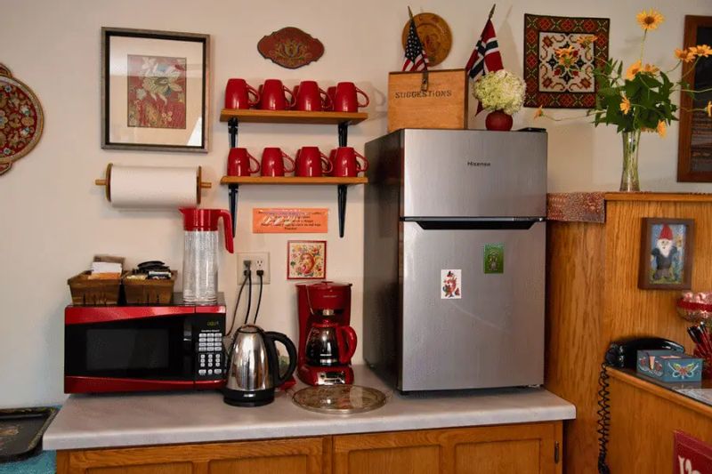 Guest kitchenette coffee bar with red mugs on wall shelves, microwave, electric kettle, drip coffee maker, and compact refrigerator, decorated with artwork and flowers at A Guest Hus in Lanesboro.