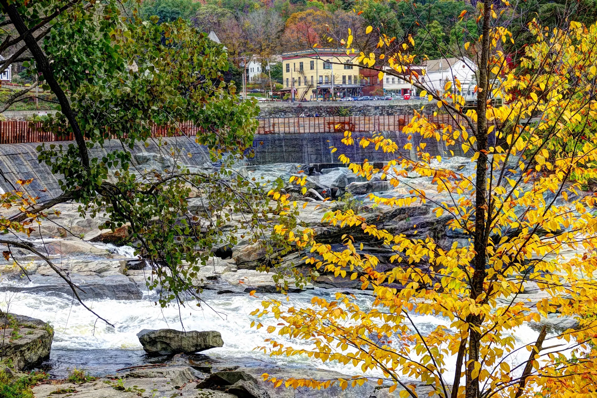 View through Autumn Leaves of Water Over a Dam with Town in Background